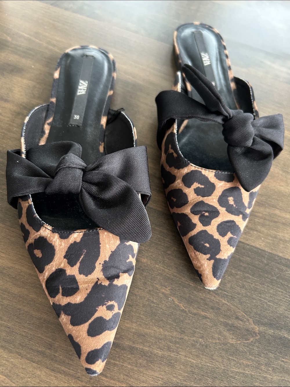 ZARA Leopard Print Pointed Bow Mules - Brown & Black